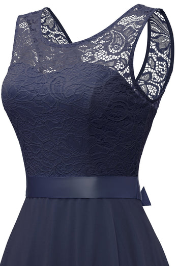 Navy Round Neck Lace Dress with Open Back