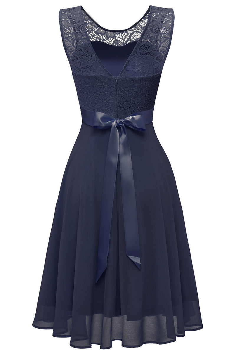 Load image into Gallery viewer, Navy Round Neck Lace Dress with Open Back