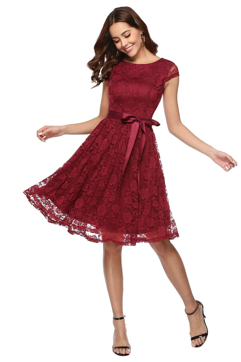 Load image into Gallery viewer, Dark Red Belted Lace Dress