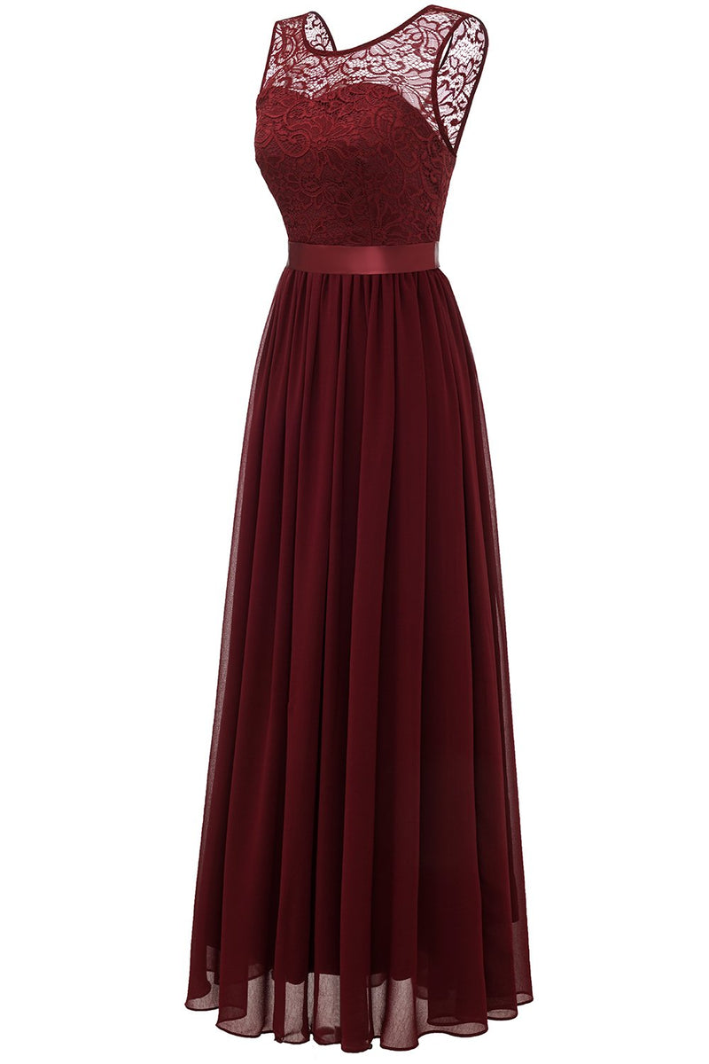 Load image into Gallery viewer, Burgundy Long Lace Bridesmaid Dress
