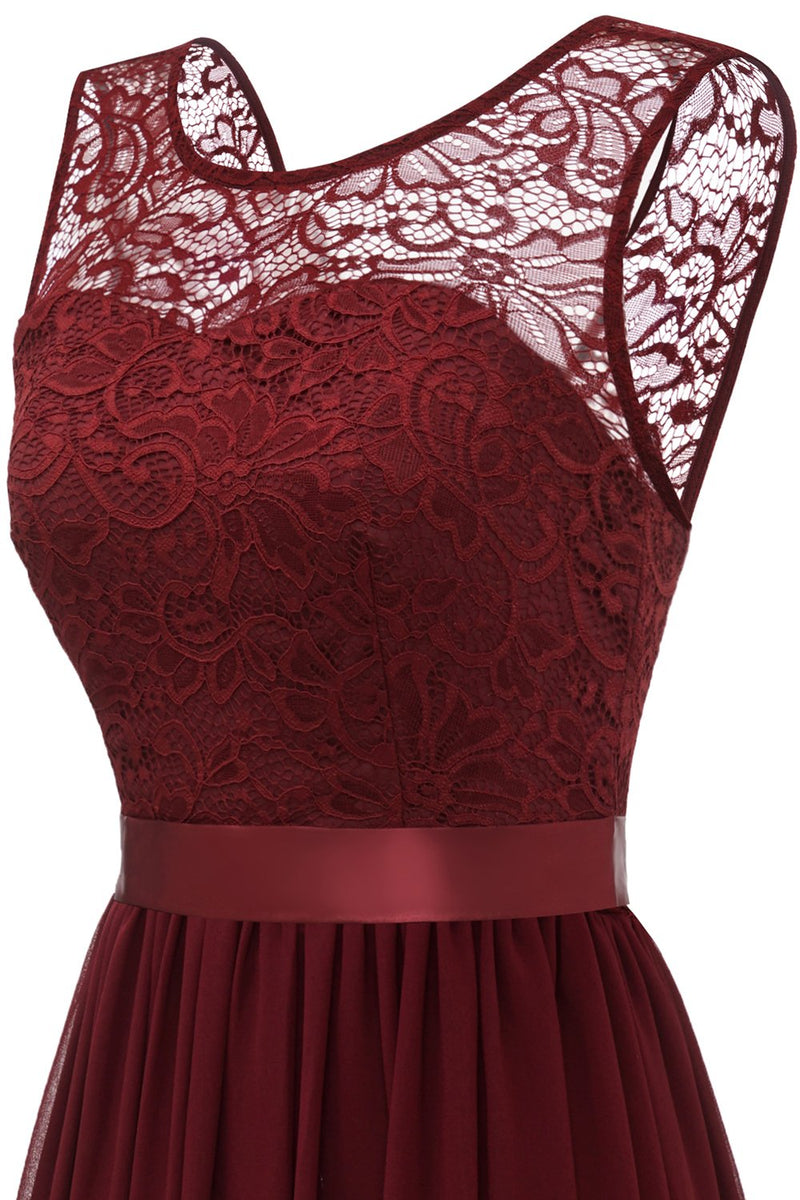 Load image into Gallery viewer, Burgundy Long Lace Bridesmaid Dress