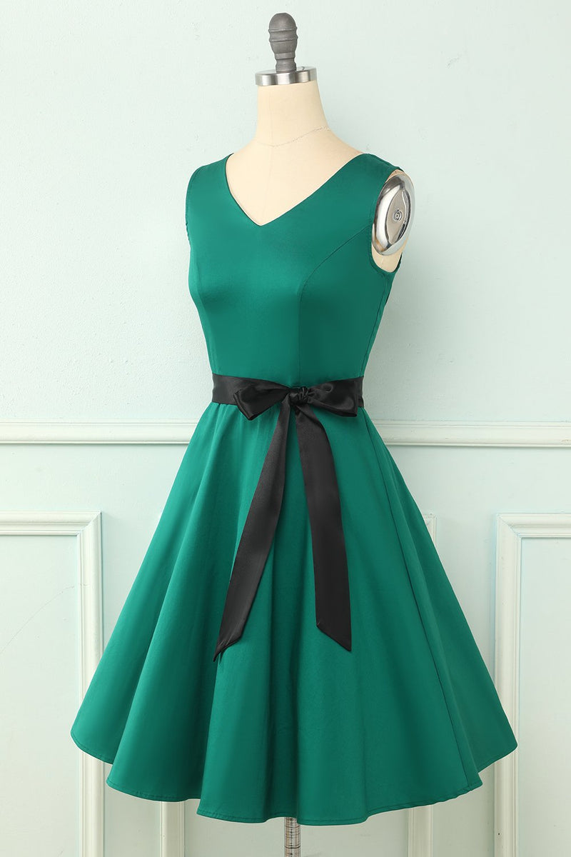 Load image into Gallery viewer, Green V Neck Vintage Dress with Sleeves