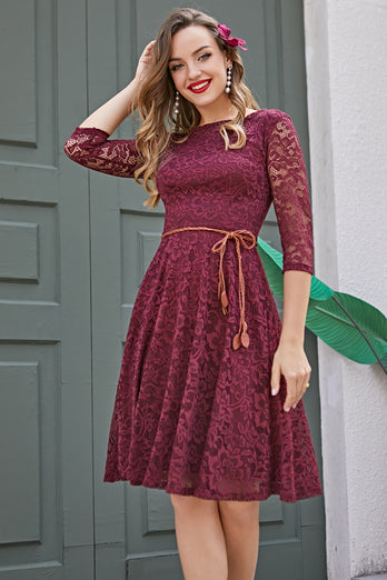 Burgundy Lace Dress with 3/4 Sleeves