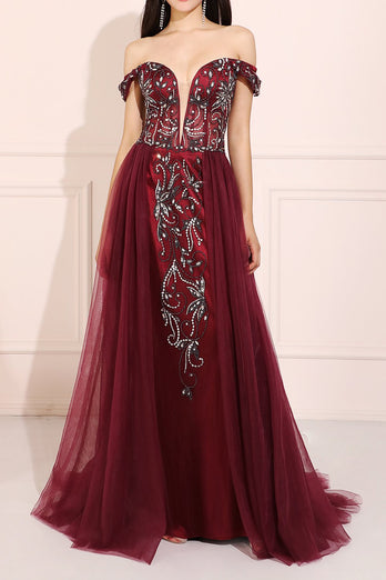 Burgundy Beaded Long Prom Dress