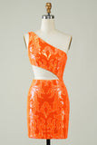 Orange One Shoulder Glitter Homecoming Dress with Hollow-out