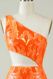 Orange One Shoulder Glitter Homecoming Dress with Hollow-out