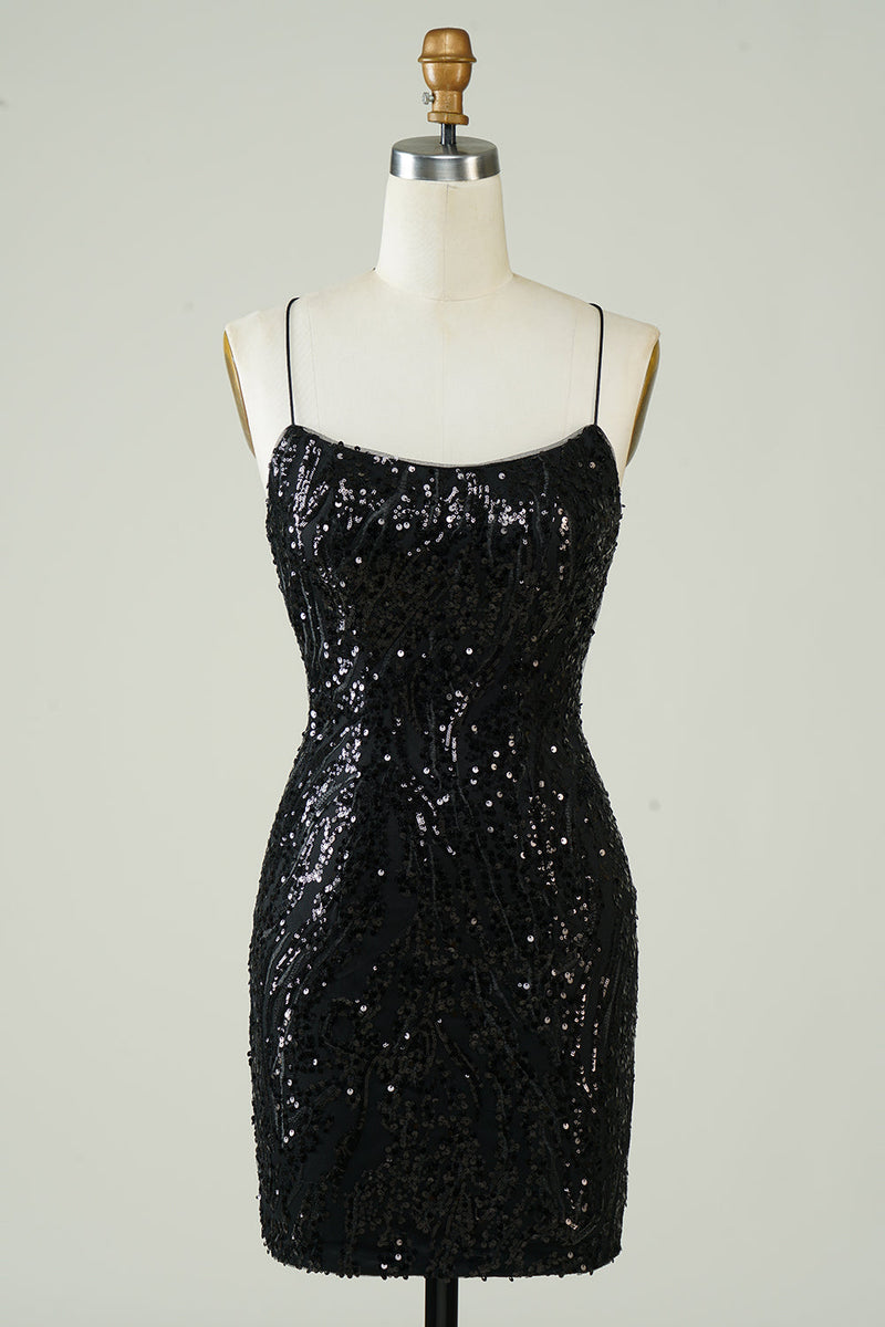 Load image into Gallery viewer, Black Sequins Spaghetti Straps Tight Homecoming Dress