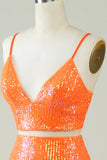 Two Piece Orange Sequins Tight Homecoming Dress