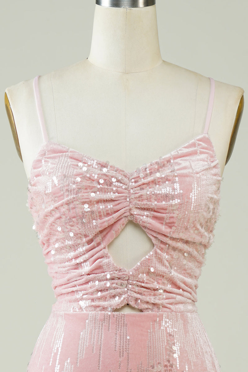 Load image into Gallery viewer, Velvet Sequins Pink Tight Homecoming Dress with Hollow-out