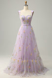 A-Line Square Neck Purple Long Prom Dress with Embroidery