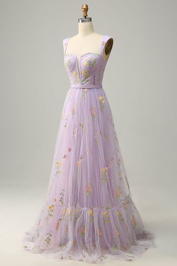 A-Line Square Neck Purple Long Prom Dress with Embroidery