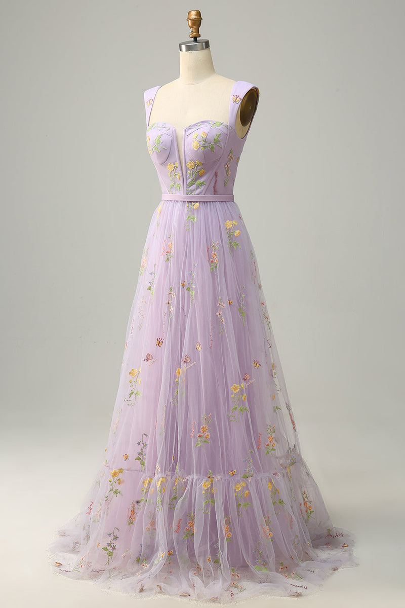 Load image into Gallery viewer, A-Line Square Neck Purple Long Prom Dress with Embroidery