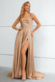 Khaki Spaghetti Straps Bowknot Prom Dress With Slit