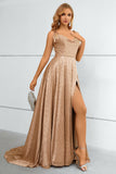 Khaki Spaghetti Straps Bowknot Prom Dress With Slit