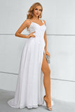 White Spaghetti Straps Bowknot Prom Dress With Slit