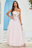 Strapless A Line Pink Tulle Prom Dress with Appliques