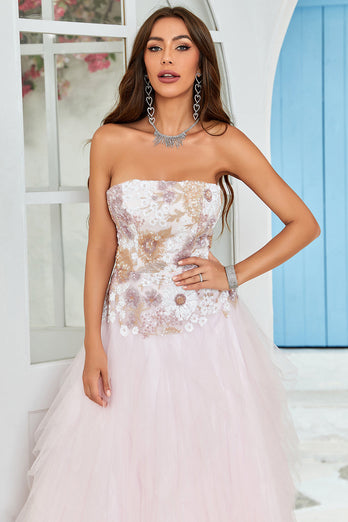 Strapless A Line Pink Tulle Prom Dress with Appliques