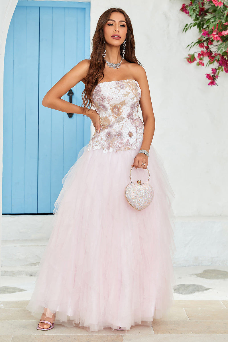 Load image into Gallery viewer, Strapless A Line Pink Tulle Prom Dress with Appliques