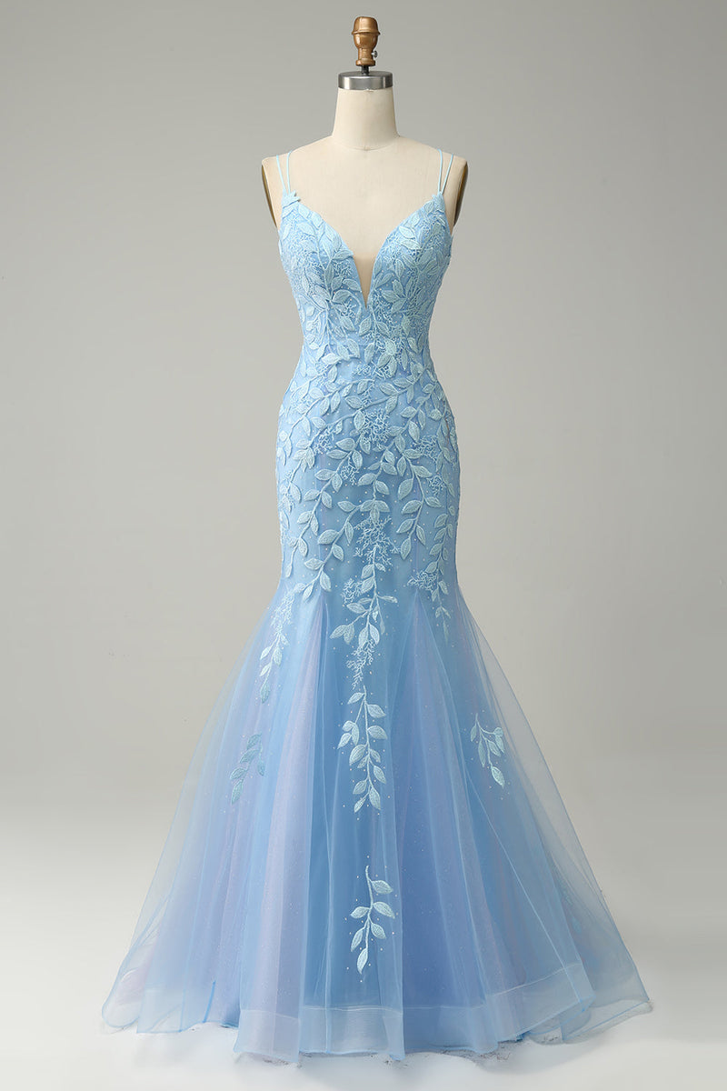 Load image into Gallery viewer, Spaghetti Straps Mermaid Blue Long Prom Dress With Appliques