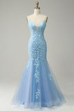 Spaghetti Straps Mermaid Blue Long Prom Dress With Appliques