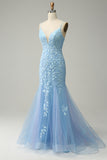 Spaghetti Straps Mermaid Blue Long Prom Dress With Appliques