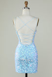 Sparkly Lace-Up Back Light Blue Graduation Dress