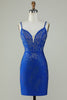 Load image into Gallery viewer, Royal Blue Beaded Spaghetti Straps Bodycon Graduation Dress
