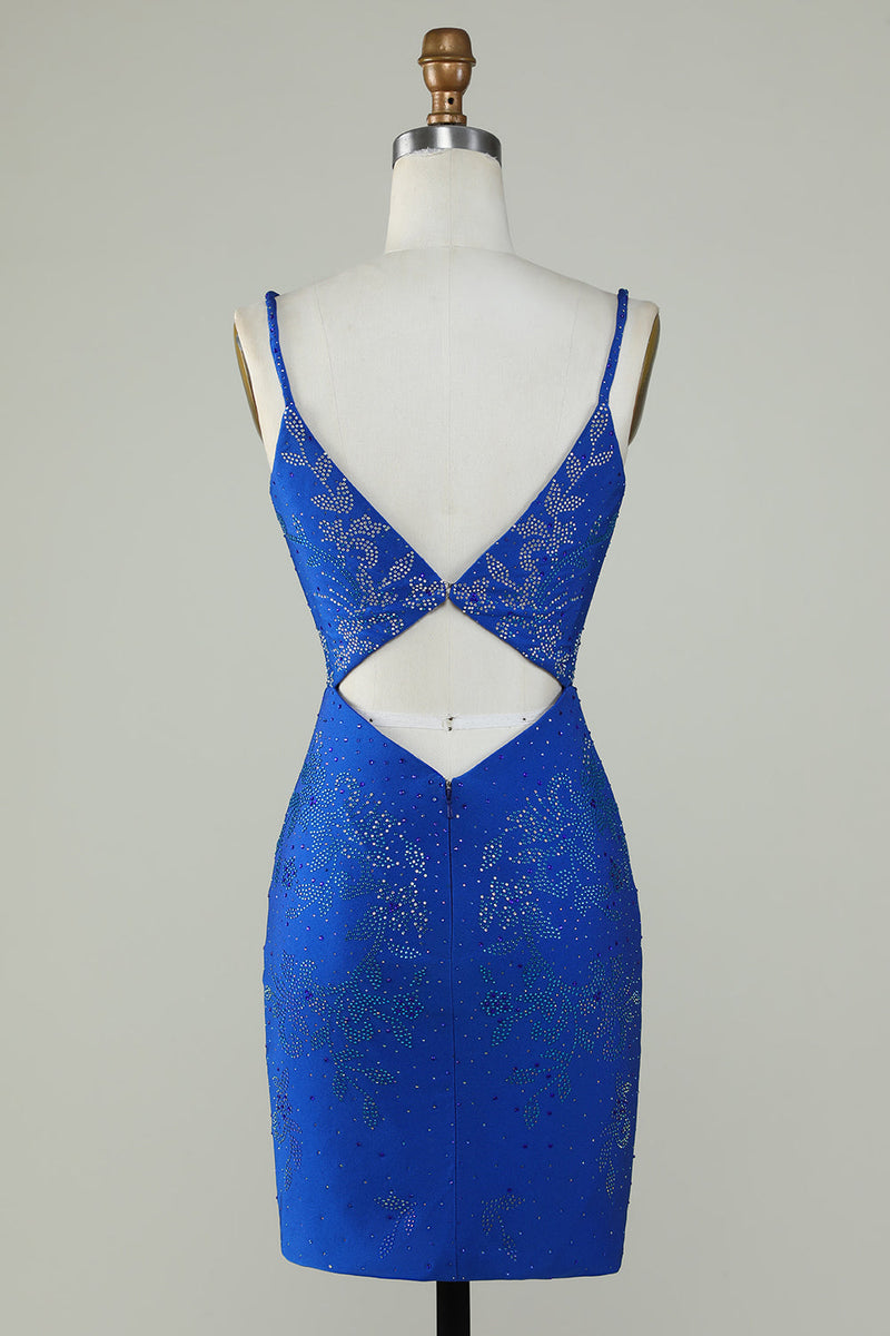 Load image into Gallery viewer, Royal Blue Beaded Spaghetti Straps Bodycon Graduation Dress