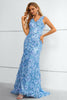 Load image into Gallery viewer, Blue V-Neck Mermaid Prom Dress With Flowers and Appliques
