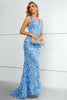 Load image into Gallery viewer, Blue V-Neck Mermaid Prom Dress With Flowers and Appliques