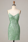 Club Chic Sheath Spaghetti Straps Green Sequins Short Homecoming Dress with Criss Cross Back