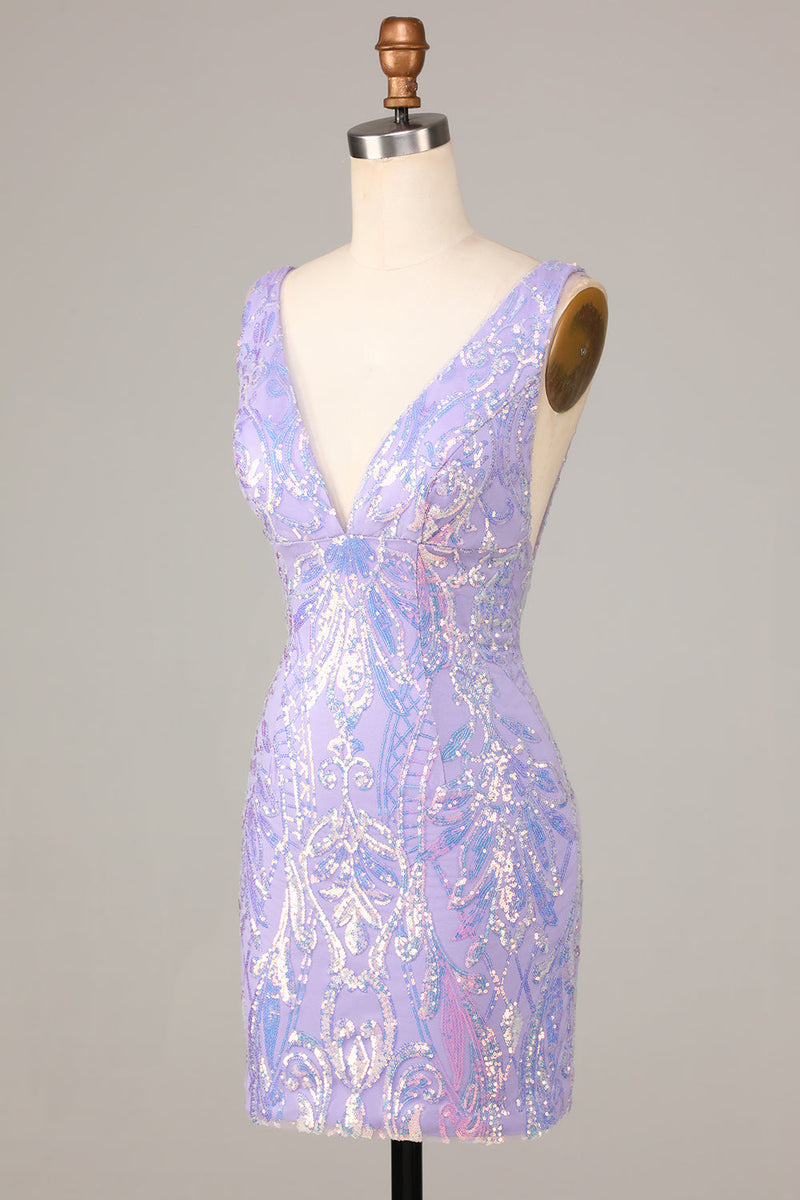 Load image into Gallery viewer, Lost In Your Eyes Bodycon V-Neck Lilac Sequins Short Homecoming Dress