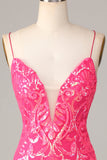 Undeniably Amazing Sheath Spaghetti Straps Fuchsia Sequins Short Homecoming Dress