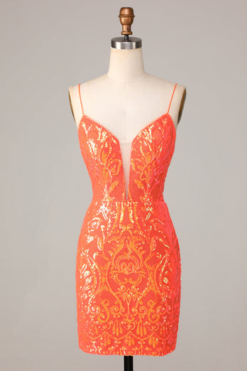 Sparkle 'til Dawn Bodycon Spaghetti Straps Orange Sequins Short Homecoming Dress