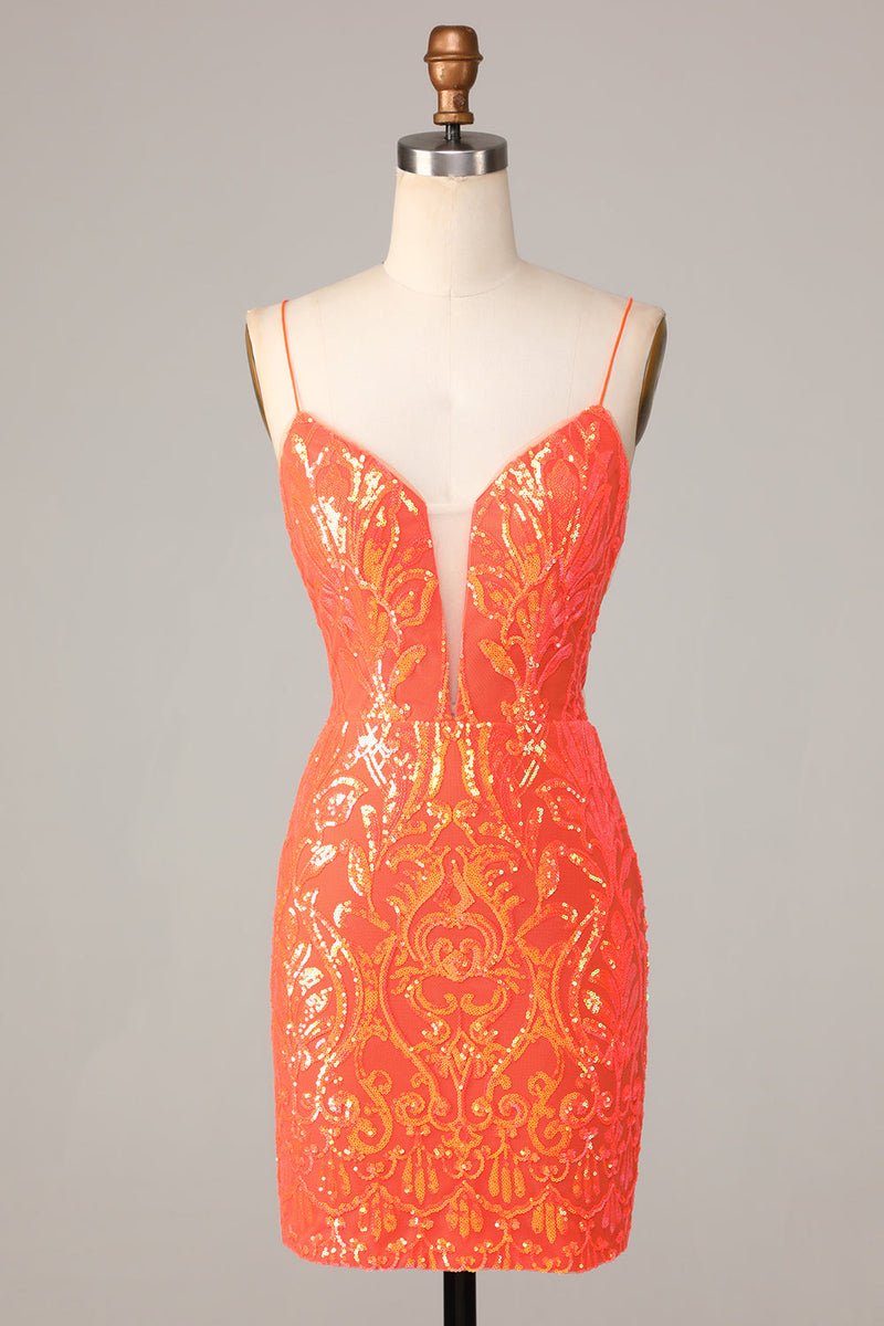 Load image into Gallery viewer, Sparkle &#39;til Dawn Bodycon Spaghetti Straps Orange Sequins Short Homecoming Dress