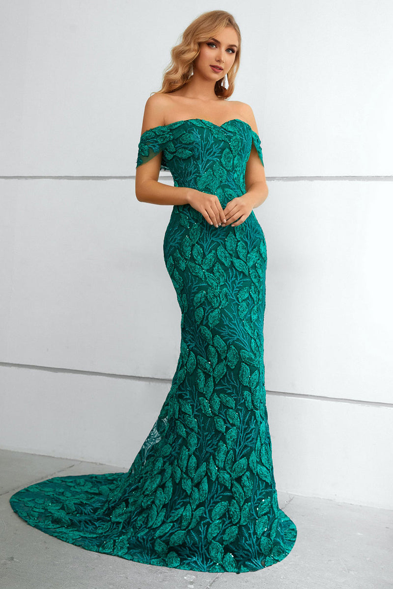 Load image into Gallery viewer, Dark Green Off The Shoulder Mermaid Prom Dress With Appliques