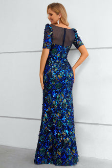 Royal Blue Sequined Short Sleeves Formal Dress