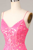 Undeniably Amazing Sheath Spaghetti Straps Fuchsia Sequins Homecoming Dress