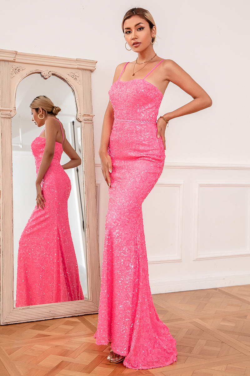 Load image into Gallery viewer, Hot Pink Sequin Spaghetti Straps Prom Dress