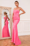 Hot Pink Sequin Spaghetti Straps Prom Dress