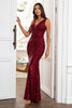 Load image into Gallery viewer, Sheath Deep V Neck Burgundy Sequins Prom Dress