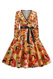 Orange Latern Printed Halloween Vintage 1950s Dress with Long Sleeves