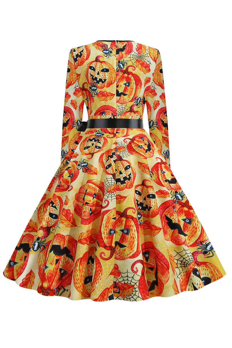 Load image into Gallery viewer, Orange Latern Printed Halloween Vintage 1950s Dress with Long Sleeves