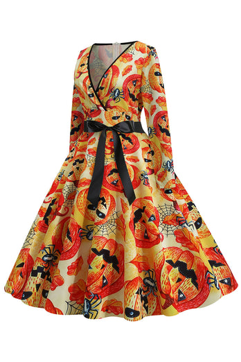 Orange Latern Printed Halloween Vintage 1950s Dress with Long Sleeves