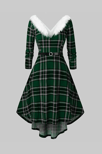 V Neck Green Plaid Christmas Dress with Fur Collar