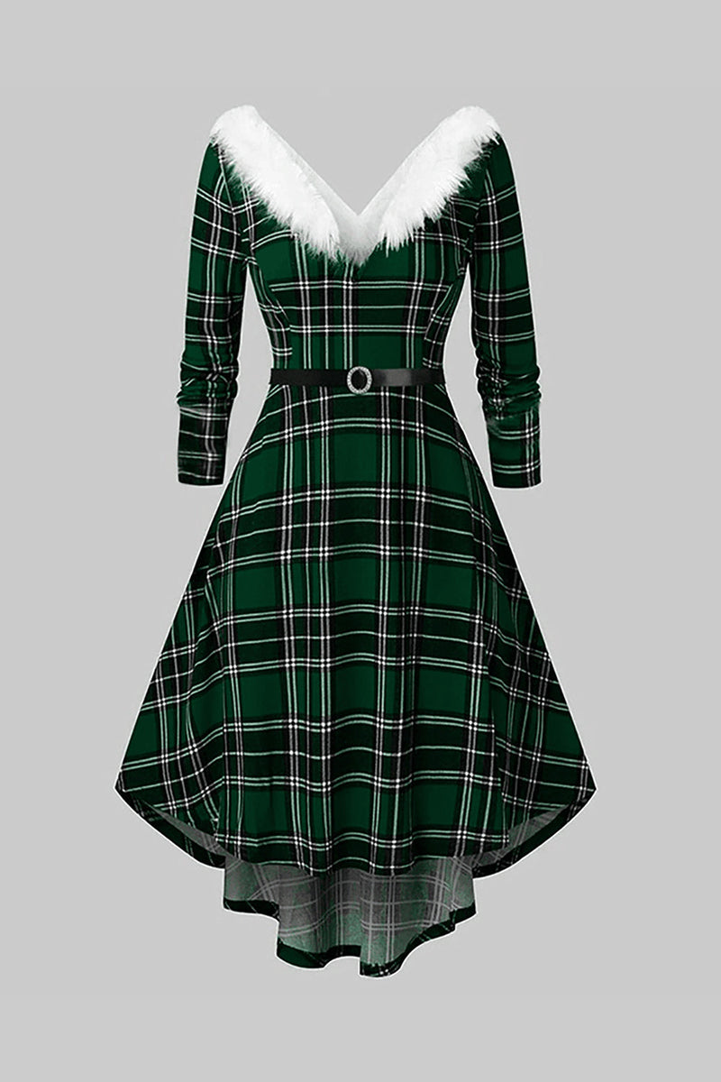 Load image into Gallery viewer, V Neck Green Plaid Christmas Dress with Fur Collar