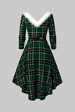 V Neck Green Plaid Christmas Dress with Fur Collar