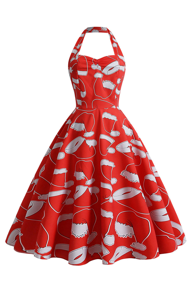 Load image into Gallery viewer, Halterneck Santa Print Red Christmas Dress
