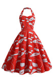Halterneck Santa Print Red Christmas Dress