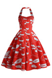 Halterneck Santa Print Red Christmas Dress